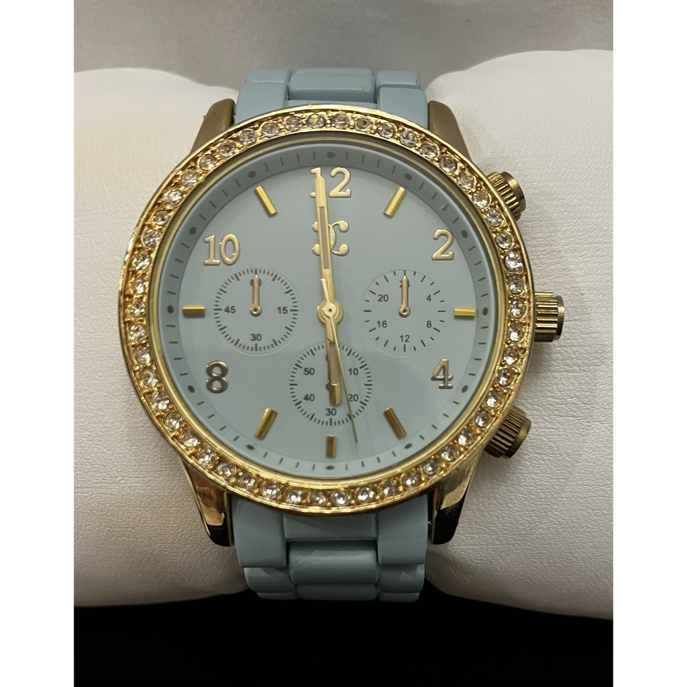 Charming Charlie Mint Aqua Blue Crystal Rhinestone Gold Tone Acrylic Band Watch
